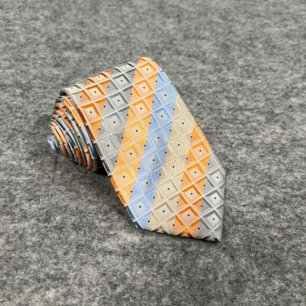 Kenneth Cole Reaction Tie Orange Gray & Blue 100% Silk Striped Necktie‎